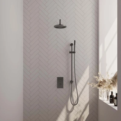 Afbeelding van BRAUER Gunmetal Carving thermostatische inbouw regendouche 3 weg omstelling SET 39 met 20 cm douchekop en gebogen muurarm staaf handdouche