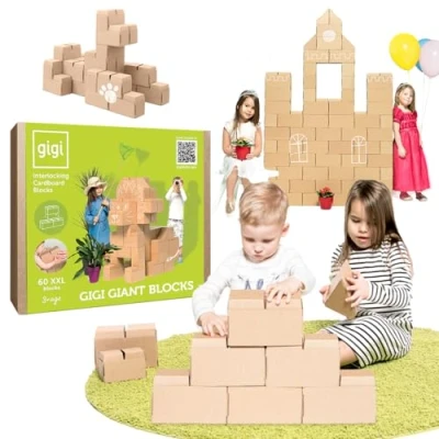 Afbeelding van GIGI Bloks XXL kartonnen bouwsteentjes Mega Fort Bouwset 60 stuk set In elkaar grijpend systeem maakt het mogelijk om een huis te maken Bouwpakketten Voor Kinderen
