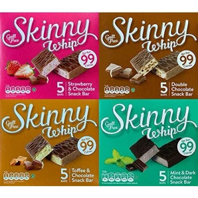 Afbeelding van Skinny Zweep 25g Chocoladerepen Schuldvrij 99 Cal 4 Smaken Aardbei Toffee Mint Dubbele Chocolade 20 repen Totaal