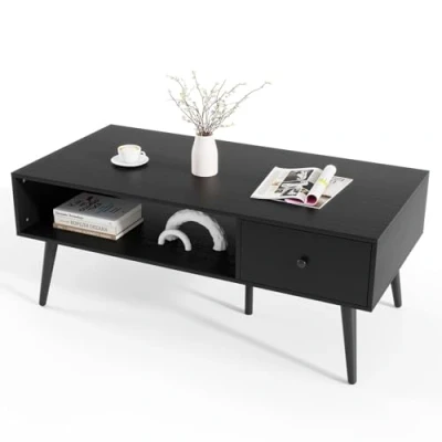 Afbeelding van COSTWAY Salontafel met lade, opbergruimte, open vak, woonkamertafel, houten banktafel, salontafel, 109 x 55 39,5 cm, zwart