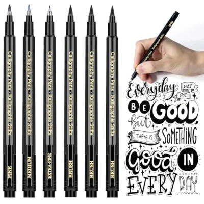 Afbeelding van APOGO kalligrafiepen, voor beginners, 6 viltstiften, kalligrafie, schrijfset, zwarte inkt, penseelstiften, belettering pen bullet journal, illustratie, handtekening en kalligrafie kinderen