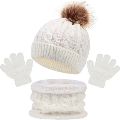Afbeelding van Kindermuts 3 in 1 tot 5 jaar Beanie Jongens En Meisjes Muts Voor Kinderen Handschoenen Sjaal Winter Wit
