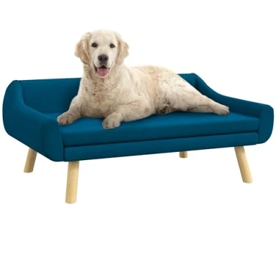 Afbeelding van PawHut Bank voor honden, katten, Scandinavisch design, zacht kussen, afneembaar, stof, velours look, poten van massief hout, 102 x 58,5 42,5 cm, blauw