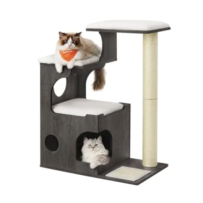 Afbeelding van Feandrea Krabpaal, 86 cm hoge kattenboom, spaanplaat kattenkrabpaal, met hol, ligvlakken, zuil en sisal krabmat, wasbaar pluche kussen, mist grijs PCT070G02
