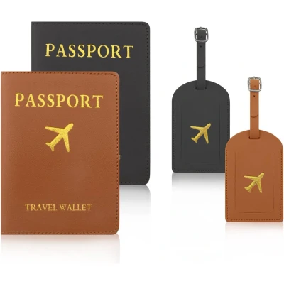 Afbeelding van porte passeport et étiquette de bagage 2 pièces, passeport, d&#039;adresse en similicuir, carte crédit, d&#039;identité documents voyage (noir + marron)