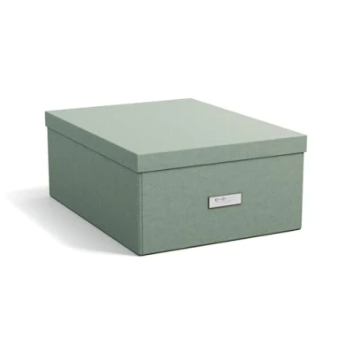 Afbeelding van Bigso Box of Sweden Katrin Grote opbergdoos met deksel, stabiele organizer van vezelplaat en papier in linnenlook, praktische vouwbox etikettenframe, mintgroen