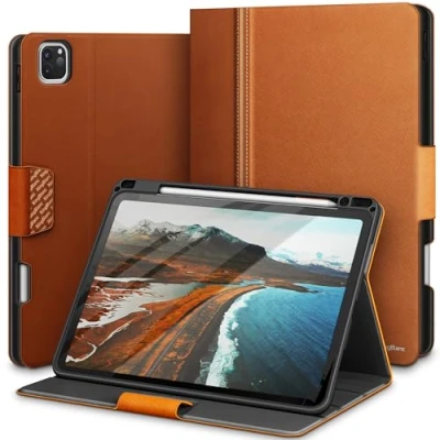 Afbeelding van KingBlanc Hoes voor iPad Pro 11 inch 4e/3e/2e/1e generatie (2022/2021/2020/2018) met potloodhouder, veganistisch lederen Smart Folio, ondersteunt Apple Pencil 2 bruin