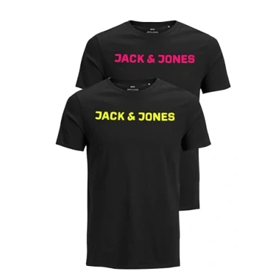 Afbeelding van JACK &amp; JONES Heren JJECORP Logo Tee SS Crew Neck, T shirt korte mouwen met ronde hals in dubbelverpakking, 2 stuks (2 x zwart neonlogo), L