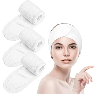 Afbeelding van 3 stuks haarband voor make up, cosmetica, hoofdband, badstof, verstelbare haarbeschermingsband met klittenbandsluiting, douche, wit