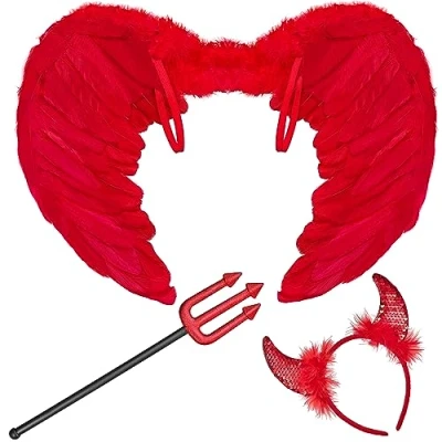Afbeelding van Balinco Halloween duivelskostuumset, duivelsoren + drietand vleugels, duiveltjes outfit, duivelshoorns, rood, duivelsvork, duivelsvleugeloutfit, carnaval