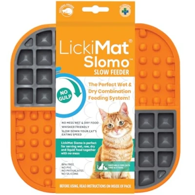 Afbeelding van LickiMat Slomo, Cat Slow Feeder Lick Mat, Verveling Angst Reducer; Perfect voor eten, traktaties, yoghurt of pindakaas. Leuk alternatief een Feed Bowl Schotel, Oranje