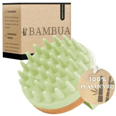 Afbeelding van BAMBUA hoofdmassage borstel (anti roos effect) voor tijdens het douchen Premium Scalp Massager incl. e book &quot;Gezonde hoofdhuid&quot; (groen)