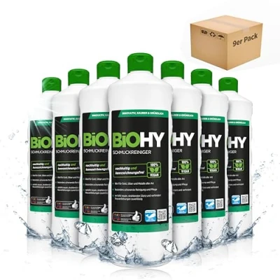 Afbeelding van BiOHY Sieradenreiniger (9 x 1l Fles) ACTIEVE SCHIJNENVORMULA Concentratie voor elk ultrasoon apparaat Duurzame en milde reiniging glazen sieraden (Schmuckreiniger)