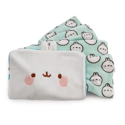 Afbeelding van fleece deken &amp; tas in 1 MOLANG (Deken: 100x180cm / Tas: 40x26cm) wit Warm zacht 2 knuffelbaar reiskussen om te transformeren naar een reisdeken voor vrouwen, mannen en kinderen