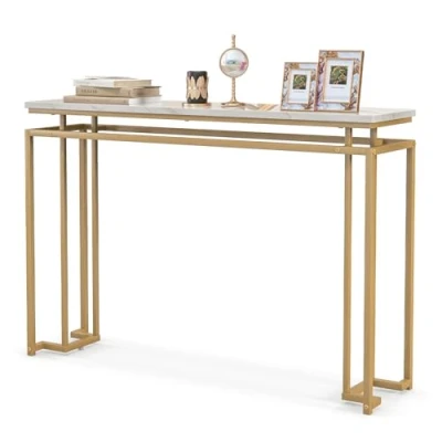 Afbeelding van COSTWAY Consoletafel, marmerlook, haltafel, smal, bijzettafel met metalen frame, entreetafel voor entree, woonkamer, hal, 120 x 30 80,5 cm, goud, VH33424ITDE