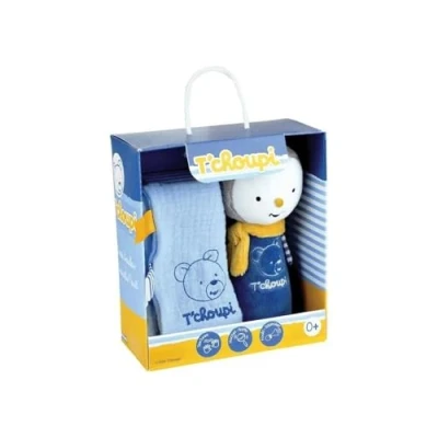 Afbeelding van JEMINI 024425 T&#039;CHOUPI Baby Geboortebox met vierkant knuffeldier +/ 25 cm en pluche dier rammelaar handpop 14 cm, blauw