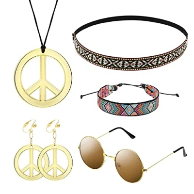 Afbeelding van MIVAIUN 5 delige hippiekostuumset, damesaccessoires, 60 70 kostuumaccessoires, zonnebril, vredesteken ketting, oorbel, boho armband, Boheemse hoofdband, feestaccessoires (5 stuks)