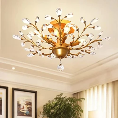 Afbeelding van Ganeed Vintage K9 Clear Crystal Chandelier plafondverlichting hanger verlichting Flush Mounted Fixture voor woonkamer eetkamer Restaurant Veranda Hallway 4 Licht Goud