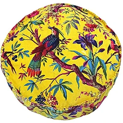 Afbeelding van Riva Paoletti Paradise Ronde kussenhoes Geel Kleurrijke Vogelprint Faux Fluwelen Stof Deken Gestikte Randen 100% Katoen 50 x 12 cm (50 cm) Ontworpen in het Verenigd