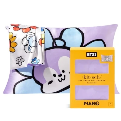 Afbeelding van Kitsch x BT21 satijnen queen kussensloop met ritssluiting voor haar en huid, zachter dan zijde, machinewasbaar, kreukvrij, verkoelende, kussenslopen, standaardformaat 48 66 cm (Mang)