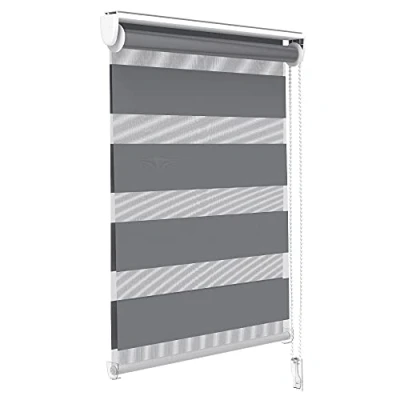Afbeelding van VOUNOT Dubbellaags verduisteringsrolgordijn dag en nacht, zijdelingse ketting, transparante ondoorzichtige banden, binnengordijn zebra blind grijs, 55 x 150 cm