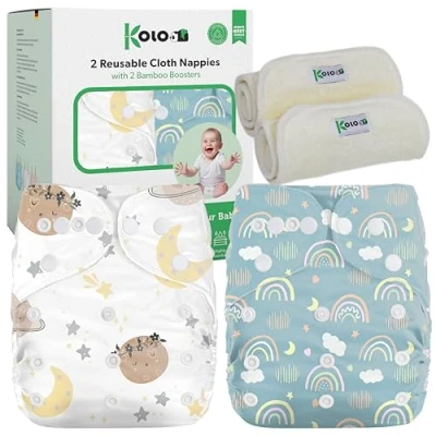 Afbeelding van Kolo Herbruikbare wasbare luierset voor baby&#039;s en baby&#039;s: 2 verstelbare luiers + bamboe inzetstukken. Uniseks maat, 100% milieuvriendelijk