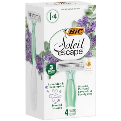 Afbeelding van BIC Soleil Escape Scheerapparaat voor dames, lavendel en eucalyptus, met 3 messen vochtinbrengende band amandelolie, 4 stuks