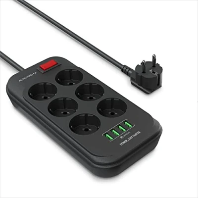 Afbeelding van ACROPAQ Stekkerdoos Met USB en schakelaar, 6 voudige, 4 x A snellader, 2500 W, 2 meter snoer Voor smartphones/tablets Zwart