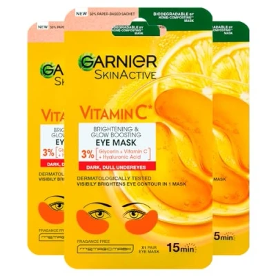 Afbeelding van Garnier SkinActive vitamine C oogmasker voor alle huidtypes met hyaluronzuur van biologisch afbreekbare stof 3 verpakkingen elk 1 toepassing