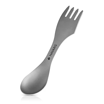 Afbeelding van Navaris spork Campingbestek van titanium Vork, mes en lepel in één Bestek voor onderweg op reis Lichtgewicht Inclusief bewaarzakje