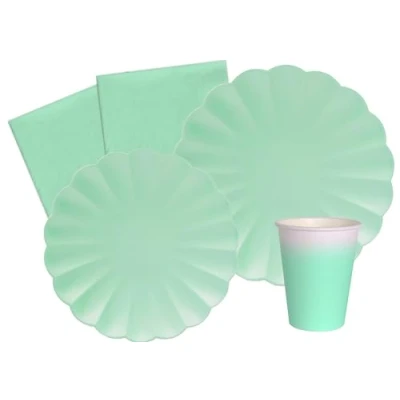 Afbeelding van Party Tableware Set Flower Shape for 8 people (44 pcs: plates Ø23cm, Ø18cm, cups 200ml, 20 napkins 33x33cm) in eco friendly compostable paper, mint green