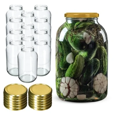Afbeelding van KADAX inmaakpotten, 4 liter, diameter van 100 mm, ronde potten (12 stuks, gouden deksel)