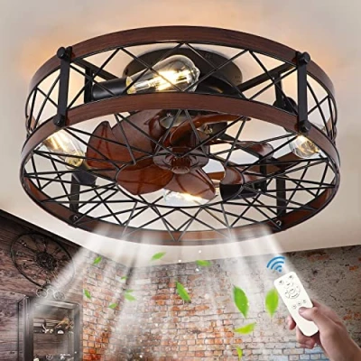 Afbeelding van Plafondventilator met verlichting E27 Retro ventilator plafondlamp afstandsbediening Dimbare industriële fan plafondverlichting Vintage ijzeren kooi hanglamp woonkamer slaapkamer eetkamer lamp