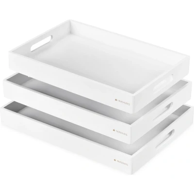 Afbeelding van Navaris set 3x bamboe dienblad Houten dienbladen rechthoek in 3 maten Voor het serveren van koffie, thee, gebak en hapjes Wit