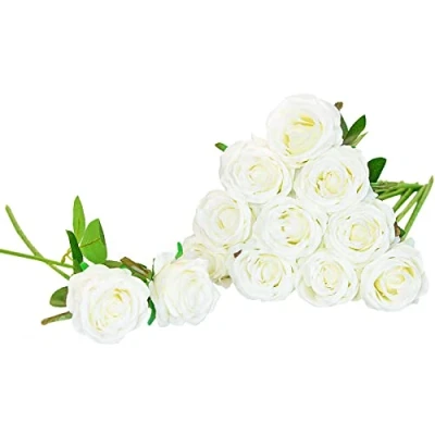 Afbeelding van Floralsecret 12 stuks kunstrozen van zijde, bloemboeketten, kunstbloemen voor thuis, bruiloft, feest, tuindecoratie (wit)