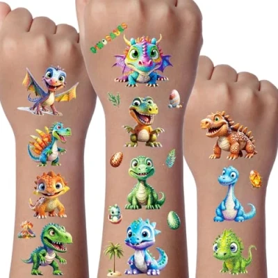 Afbeelding van Dino Glitter Tattoo Set, 12 Vellen Dinosaurus Tijdelijke Tatoeages voor kinderen, Waterdichte Nep Tatoegeringsreeks Met, Feestdecoratie, Tatoeagestickers Gongens en Meisjes