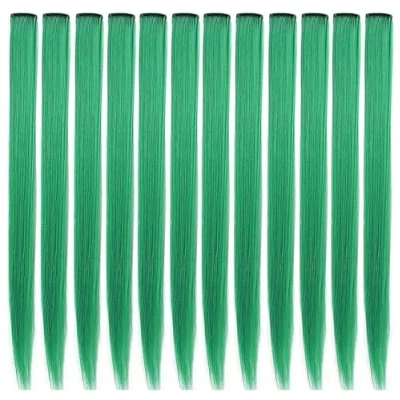 Afbeelding van LVSHANGMAO Haarextensions, 53 cm, hittebestendig, steil, party, highlight, haarclip, haarstukjes, Halloween, cosplay, haaraccessoires, cadeau voor meisjes en kinderen, 12 stuks, groen