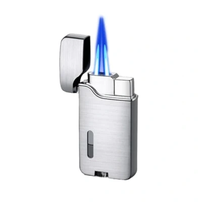 Afbeelding van Metal Dual Flame Torch Lighter, Lighter with Viewing Window, Rechargeable Butane Adjustable Windproof for Men, Women, Gift(Silver)