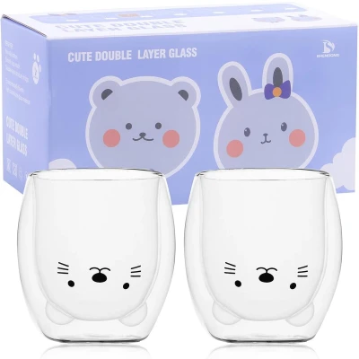 Afbeelding van Cute Cat Mokken Set van 2 Leuke kopjes kat Teen koffiekopje 250ml Melkbeker Dubbelwandige geïsoleerde glazen espressokopjes Glas Cadeau voor persoonlijke verjaardag Valentijnsdag en kantoor (kat)