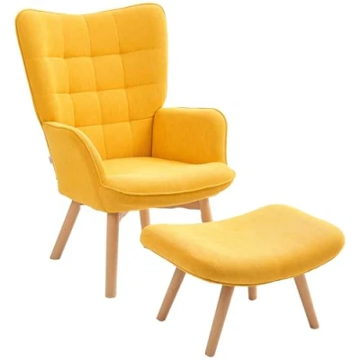 Afbeelding van HOMCOM Fauteuil met kruk, oorfauteuil hoge rugleuning, houten poten, loungestoel getuft design, corduroy look, voor woonkamer, geel