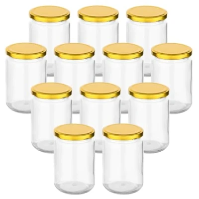 Afbeelding van gouveo Set van 12 weckpotten, 350 ml, rond, met schroefdeksel, goudkleurig, voorraadpotten schroefsluiting, schroefpotten voor het inmaken en bewaren