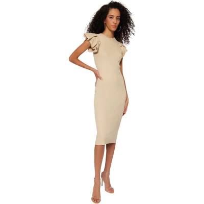 Afbeelding van Trendyol Rode Geribbelde Mouwen Flounce Bodycone/Past Het Lichaam Midi Stretch Gebreide Kokerjurk Twoss23El01708