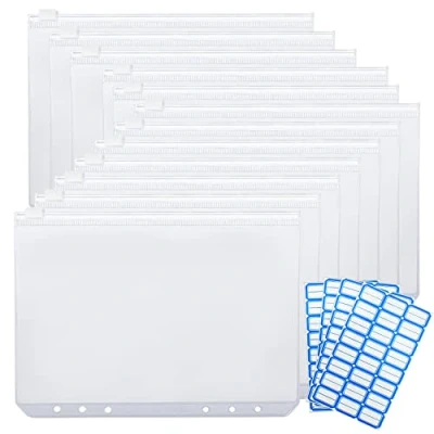 Afbeelding van documententas, A5, opbergbaar, 12 stuks, ritssluiting, map, 6 gaten, voor documentennotebooks, doorschijnend, waterdicht, rekenmap