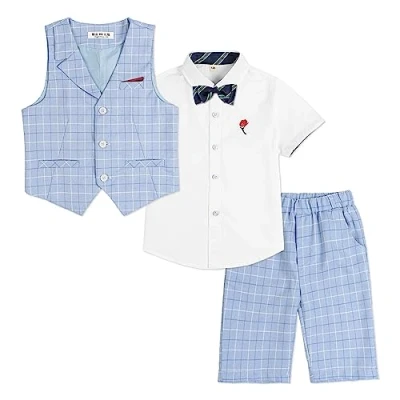 Afbeelding van LOLANTA 4 delige vrijetijdspak voor kinderen, feestelijk zomerpak jongens, overhemd met korte mouwen, vlinderdas, gilet, broek, blauw geruit, 100