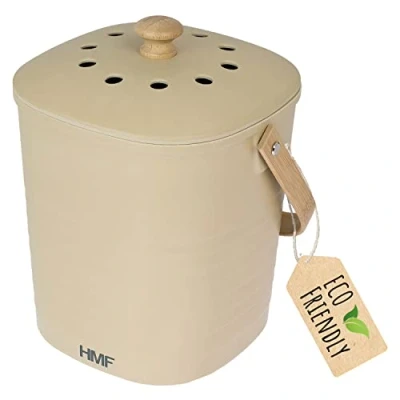 Afbeelding van HMF Duurzame bio afvalemmer keuken, geurdichte compostemmer met deksel, 3 liter, beige