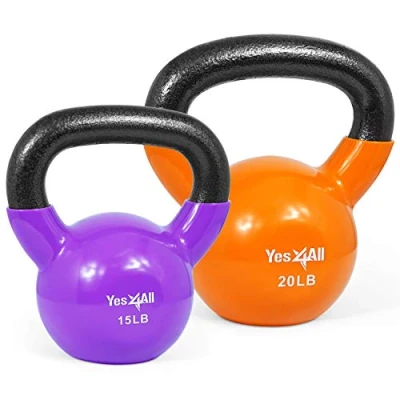 Afbeelding van Yes4All Kettlebell set, met gewichten van 6,8 en 9 kg, gietijzer, vinyl coating, dumbbells, uitrusting voor sportschool, full body training, fitness, grip krachttraining, multicolor