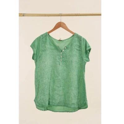 Afbeelding van Luchtige linnen korte crop top ronde hals raglan mouwen kleur Camel one size