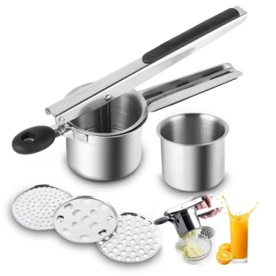 Afbeelding van Aardappelpers, spaghetti ijspers, verdikt roestvrij staal, aardappelpers met 3 gatschijven, multifunctionele aardappelstamper, voor aardappelpuree, babyvoeding, sap, citroen uitpersen