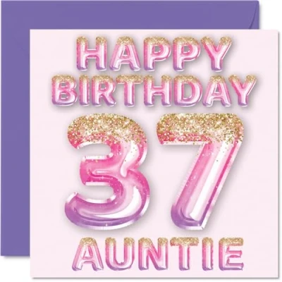 Afbeelding van 37e verjaardagskaart voor tante roze en paarse glitterballonnen gelukkige verjaardagskaarten 37 jarige van neef nichtje, 145 mm x cadeau