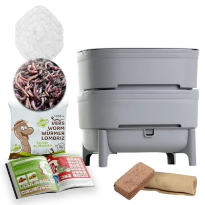 Afbeelding van WORMcube Grijs Design &amp; Compact I 2 baks Wormenbak 500 gr Compostwormen Complete set Wormverdrinking Stopfilter